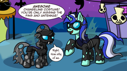 Size: 1280x720 | Tagged: safe, artist:trypchangeling, imported from derpibooru, oc, oc only, oc:tryp, changeling, ask tryp the changeling, changeling oc, clothes, costume, fangs, mask, nightmare night