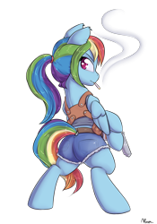 Size: 1225x1750 | Tagged: safe, artist:alasou, imported from derpibooru, rainbow dash, pegasus, pony, semi-anthro, alternate hairstyle, badass, bipedal, black lagoon, cigarette, clothes, commission, cosplay, costume, female, gun, hoof hold, looking at you, looking back, mare, pistol, ponytail, revy, revy dash, shorts, signature, simple background, smoking, solo, transparent background, weapon