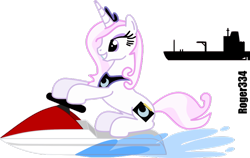 Size: 1024x646 | Tagged: safe, artist:roger334, imported from derpibooru, fleur-de-lis, pony, unicorn, action, crown, escape, female, jet ski, jewelry, mare, regalia, ship, simple background, smiling, solo, stuntmare, transparent background, water