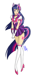 Size: 822x1699 | Tagged: safe, artist:carteraug21, imported from derpibooru, twilight sparkle, human, clothes, crossover, cutie mark, eared humanization, female, high heels, horned humanization, humanized, long socks, sailor moon, sailor scout, sailor uniform, socks, solo, tailed humanization, thigh highs