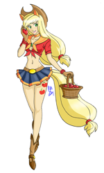 Size: 1066x1777 | Tagged: safe, artist:carteraug21, imported from derpibooru, applejack, human, belly button, boots, cleavage, clothes, cowboy hat, denim skirt, eared humanization, female, front knot midriff, hat, humanized, light skin, midriff, miniskirt, sailor moon, short skirt, skirt, solo, stetson, tailed humanization