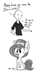 Size: 806x1612 | Tagged: safe, artist:tjpones, imported from derpibooru, oc, oc only, oc:brownie bun, oc:richard, earth pony, human, pony, horse wife, chest fluff, clothes, comic, cute, ear fluff, eating, grayscale, herbivore, hoodie, horses doing horse things, jack-o-lantern, monochrome, nom, ocbetes, pumpkin, sitting, tumblr