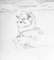 Size: 768x846 | Tagged: safe, artist:theasce, imported from derpibooru, applejack, scare master, applelion, clothes, costume, female, monochrome, nightmare night, solo, traditional art