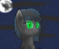 Size: 1200x1000 | Tagged: safe, artist:eclipsepenumbra, imported from derpibooru, oc, oc only, oc:eclipse penumbra, bat pony, pony, fangs, female, glowing eyes, green eyes, looking at you, moon, night, night sky, smiling