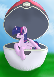 Size: 2480x3507 | Tagged: safe, artist:fia94, imported from derpibooru, twilight sparkle, alicorn, pony, crossover, cute, female, mare, poké ball, pokéball, pokémon, solo, twilight sparkle (alicorn)