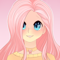 Size: 1000x1000 | Tagged: safe, artist:yanshiki, imported from derpibooru, fluttershy, human, cute, female, humanized, shyabetes, smiling, solo, wingding eyes