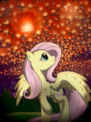 Size: 1536x2048 | Tagged: safe, artist:bratzoid, imported from derpibooru, fluttershy, pegasus, pony, dark, female, glow, glowing, lantern, paper lantern, raised hoof, sky lantern, smiling, solo, tangled (disney)