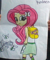 Size: 586x706 | Tagged: safe, artist:janob23, imported from derpibooru, fluttershy, equestria girls, backpack, clothes, female, skirt, solo, traditional art