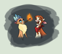 Size: 1002x877 | Tagged: safe, artist:alorix, imported from derpibooru, arizona cow, velvet reindeer, cow, deer, reindeer, them's fightin' herds, arizona (tfh), community related, female, fire, lesbian, marshmallow, shipping, velvet (tfh), velvezona, velvezona daily