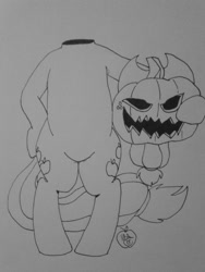 Size: 960x1280 | Tagged: safe, artist:notenoughapples, imported from derpibooru, applejack, headless horse, pony, semi-anthro, applejack-o-lantern, bipedal, female, headless, jack-o-lantern, monochrome, pumpkin, pumpkinjack, solo, traditional art