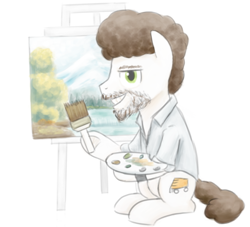 Size: 1100x1000 | Tagged: safe, artist:unsavorydom, imported from derpibooru, super funk, pony, bob ross, clothes, costume, painting, ponified, sitting, solo