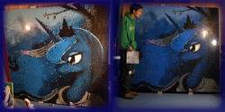Size: 4602x2304 | Tagged: safe, artist:johnjoseco, artist:keenkris, imported from derpibooru, princess luna, human, clothes, cloud, craft, hoodie, lego, mosaic, mural, tree