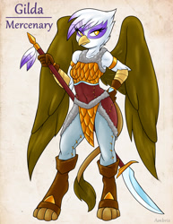 Size: 1275x1650 | Tagged: safe, artist:ambris, imported from derpibooru, gilda, anthro, griffon, adventuring is magic, armor, clothes, colored pupils, female, glaive, looking at you, mercenary, multiple variants, solo, spread wings, weapon