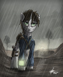 Size: 1280x1551 | Tagged: safe, artist:slawomiro, imported from derpibooru, oc, oc only, oc:littlepip, pony, unicorn, fallout equestria, clothes, fanfic, fanfic art, female, gun, handgun, hooves, horn, jumpsuit, little macintosh, mare, mud, muddy, pipbuck, rain, revolver, signature, smoke, solo, vault suit, wasteland, weapon