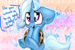 Size: 1024x683 | Tagged: safe, artist:danny-doggirl, imported from derpibooru, trixie, pony, unicorn, blushing, bronybait, cookie, cute, diatrixes, female, food, mare, solo