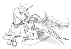 Size: 973x678 | Tagged: safe, artist:baron engel, imported from derpibooru, princess luna, oc, oc:destined path, alicorn, pony, fanfic:the growing years, alicorn oc, commission, fanfic art, hooves, horn, monochrome, pencil drawing, traditional art, wings