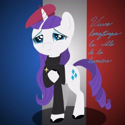 Size: 4096x4096 | Tagged: safe, artist:bright lite, deleted from derpibooru, imported from derpibooru, fleur-de-lis, rarity, beatnik rarity, beret, clothes, crying, french, french rarity, hat, paris, pray for paris, stand with paris, sweater, tears of pain, turtleneck