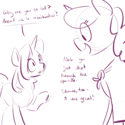 Size: 700x700 | Tagged: safe, artist:goat train, imported from derpibooru, oc, oc only, oc:gloomy, oc:marker pony, 4chan, dialogue, monochrome, size difference, sketch