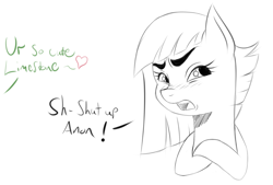 Size: 1150x777 | Tagged: safe, artist:thethunderpony, imported from derpibooru, limestone pie, oc, oc only, oc:anon, earth pony, pony, blushing, cute, female, frown, heart, limetsun pie, looking away, mare, monochrome, offscreen character, open mouth, simple background, sketch, solo, tsundere