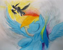 Size: 4027x3216 | Tagged: safe, artist:scribblepwn3, imported from derpibooru, rainbow dash, pegasus, pony, daydream, flying, pen drawing, silhouette, traditional art, watercolor painting, wonderbolts