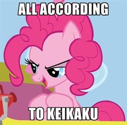 Size: 320x313 | Tagged: safe, imported from derpibooru, pinkie pie, all according to keikaku, balloon, female, hoof rubbing, image macro, keikaku means plan, megaphone, meme, solo