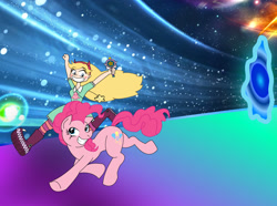 Size: 1357x1011 | Tagged: safe, artist:tehmangabrony, imported from derpibooru, pinkie pie, earth pony, pony, crossover, dimension travel, female, mare, portal, rainbow, royal magic wand, smiling, space, star butterfly, star vs the forces of evil, vector