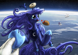 Size: 1600x1131 | Tagged: safe, artist:foxi-5, imported from derpibooru, princess luna, twilight sparkle, alicorn, human, pony, unicorn, :3, :t, astronaut, bread, candy, cute, dilated pupils, donut, eating, female, food, hand, holding hands, holding hooves, human on pony hoof holding, licking, licking lips, luna and the nauts, lunabetes, mare, messy eating, orbit, planet, smiling, space, spaceship, spacesuit, sparkles, sweets, tiara, tongue out, unicorn twilight