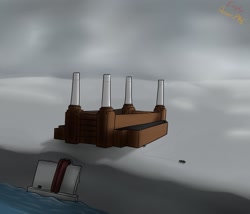 Size: 1280x1096 | Tagged: safe, artist:the-furry-railfan, imported from derpibooru, fallout equestria, fallout equestria: empty quiver, battersea power station, half-track, ocean, overcast, power station, snow, storm, story