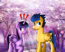 Size: 1024x833 | Tagged: safe, artist:hellencreepynekofan, imported from derpibooru, flash sentry, twilight sparkle, alicorn, pony, blushing, cherry blossoms, female, flashlight, male, mare, shipping, straight, tree, twilight sparkle (alicorn)