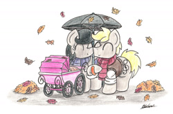 Size: 2131x1402 | Tagged: safe, artist:bobthedalek, imported from derpibooru, oc, oc only, oc:mixed melody, oc:octavia's father, oc:octavia's mother, oc:ostinato melody, earth pony, pony, autumn, autumn leaves, clothes, eyes closed, female, husband and wife, implied octavia, leaves, male, nose to nose, nuzzling, scarf, simple background, smiling, stroller, sweater vest, sweet dreams fuel, traditional art, umbrella, white background