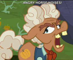 Size: 1320x1080 | Tagged: safe, edit, edited screencap, imported from derpibooru, screencap, ma hooffield, earth pony, pony, the hooffields and mccolts, angry horse noises, animated, descriptive noise, female, hooffield family, horse noises, image macro, laughing, mare, meme, open mouth