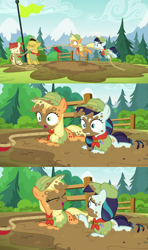 Size: 1280x2156 | Tagged: safe, imported from derpibooru, screencap, applejack, coloratura, nature walk, russell, the mane attraction, 3 panel comic, camp friendship, comic, cute, dirty, eyes closed, filly applejack, gritted teeth, happy, mouth hold, mud, open mouth, pulling, rara, scout uniform, smiling, tug of war, wide eyes