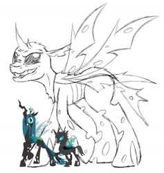 Size: 2000x2110 | Tagged: safe, artist:missitofu, imported from derpibooru, queen chrysalis, changeling, changeling behemoth, monochrome, size comparison