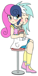 Size: 448x888 | Tagged: safe, artist:unoriginai, imported from derpibooru, bon bon, lyra heartstrings, sweetie drops, equestria girls, blushing, conjoined, conjoined twins, eyes closed, female, food, fusion, humanized, lesbian, lyrabon, lyrabon (fusion), milkshake, multiple heads, sharing a drink, shipping, simple background, straw, two heads, we have become one, white background