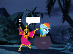 Size: 718x537 | Tagged: safe, imported from derpibooru, screencap, rainbow dash, pony, breaking the fourth wall, cauldron, crossover, female, hawaii, hawaiian island, kidnapped, mare, night, person as food, rope, scooby doo, tied up, witch doctor