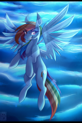 Size: 1200x1808 | Tagged: safe, artist:lintegrisse, imported from derpibooru, rainbow dash, cloud, crepuscular rays, female, flying, grin, solo