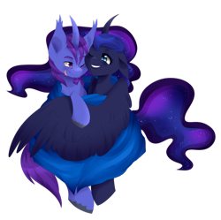 Size: 896x891 | Tagged: safe, artist:raponee, imported from derpibooru, princess luna, oc, oc:azure night, azuna, blanket, canon x oc, hug, shipping, simple background, smiling, snuggling, winghug