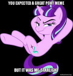 Size: 800x831 | Tagged: safe, imported from derpibooru, starlight glimmer, the cutie re-mark, black background, dio brando, female, it was me, jojo's bizarre adventure, meme, s5 starlight, simple background, smirk, smug, smuglight glimmer, solo, text, vector, welcome home twilight