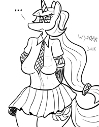 Size: 2220x2852 | Tagged: safe, artist:wyodak, imported from derpibooru, princess celestia, anthro, clothes, monochrome, school uniform, simple background, white background