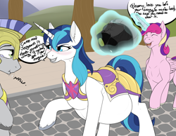 Size: 1800x1400 | Tagged: safe, artist:m-p-l, imported from derpibooru, princess cadance, shining armor, alicorn, pony, unicorn, armor, belly, big belly, blushing, body armor, dialogue, female, gleaming bolero, gleaming shield, guardsmare, magic, male, pregarmor, pregnant, pregshield, prince bolero, royal guard, rule 63, shiningcadance, shipping, straight, telekinesis