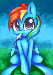 Size: 2480x3508 | Tagged: safe, artist:jiamian, imported from derpibooru, rainbow dash, pegasus, pony, candle, cute, dashabetes, female, food, looking at you, misleading thumbnail, popsicle, signature, sitting, solo