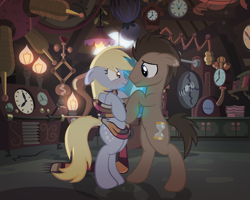 Size: 1600x1280 | Tagged: safe, alternate version, artist:radiantrealm, imported from derpibooru, derpy hooves, doctor whooves, time turner, earth pony, pegasus, pony, accessory swap, blushing, clothes, cute, derpabetes, doctorbetes, doctorderpy, female, floppy ears, male, mare, scarf, shipping, show accurate, stallion, straight