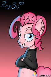 Size: 1000x1500 | Tagged: safe, artist:lennonblack, imported from derpibooru, pinkie pie, pony, belly button, bipedal, bubble berry, clothes, cutie mark, eyebrows, jacket, male, piercing, rule 63, solo, toothpick