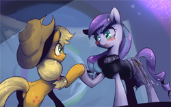 Size: 1280x800 | Tagged: safe, artist:yajima, imported from derpibooru, applejack, coloratura, earth pony, pony, the mane attraction, blushing, clothes, female, freckles, hat, looking at each other, mare, open mouth, rara, scene interpretation, smiling