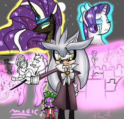 Size: 598x573 | Tagged: safe, artist:kaiamurosesei, imported from derpibooru, nightmare rarity, rarity, spike, crossover, crossover shipping, female, male, shipping, silvarity, silver the hedgehog, sonic the hedgehog (series), straight