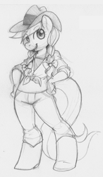 Size: 859x1471 | Tagged: safe, artist:collaredginger, imported from derpibooru, candy apples, anthro, apple family member, boots, clothes, hat, jeans, monochrome, pants