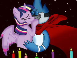 Size: 1024x775 | Tagged: safe, artist:kaiamurosesei, imported from derpibooru, twilight sparkle, alicorn, pony, candle, crossover, crossover shipping, female, male, mare, mordecai, mordetwi, rainbow power, regular show, shipping, straight, twilight sparkle (alicorn)