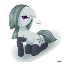 Size: 1024x1024 | Tagged: safe, artist:vanillafox2035, imported from derpibooru, marble pie, pony, anatomically incorrect, clothes, dialogue, female, hair over one eye, incorrect leg anatomy, socks, solo, speech bubble, thigh highs, underhoof
