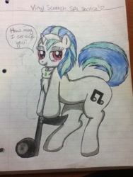 Size: 720x960 | Tagged: safe, artist:shelby100, imported from derpibooru, dj pon-3, vinyl scratch, alternate hairstyle, blushing, bronybait, female, lined paper, missing accessory, music notes, solo, spa pony, traditional art