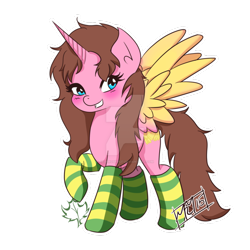 Size: 894x894 | Tagged: safe, artist:jaderose0127, imported from derpibooru, oc, oc only, oc:carmela, alicorn, pony, alicorn oc, blushing, clothes, cute, smiling, socks, solo, striped socks